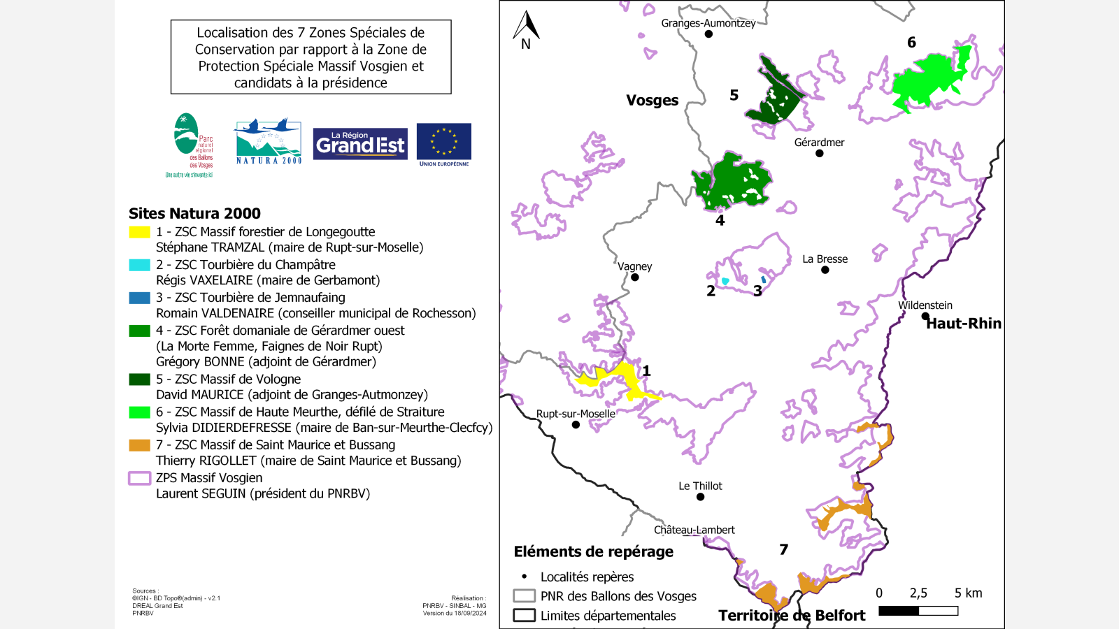 Localisation des 7 Zones Spéciales de Conservation par rapport à la Zone de Protection Spéciale Massif Vosgien et candidats à la présidence